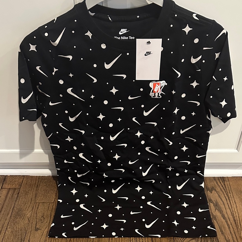 Nike Black Tee with White Swoosh and Star Pattern